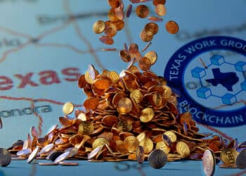 Mapa de Texas con logo de Blockchain Matters y puñado de btc