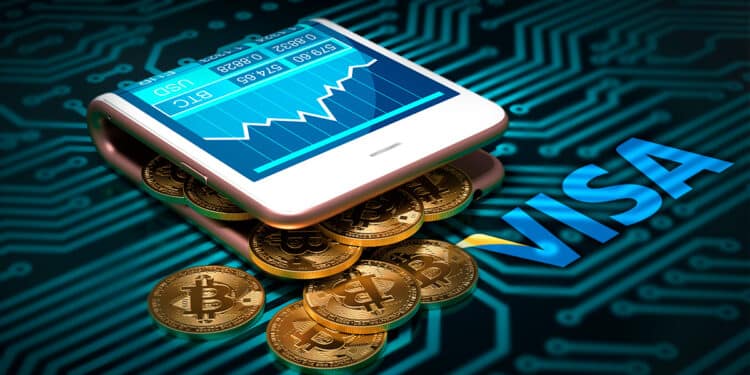 Wallet de bitcoin junto a logo de VISA.