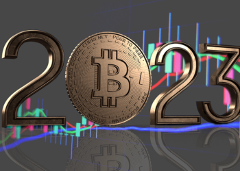 Año 2023 con bitcoin junto a gráfico de mercado.