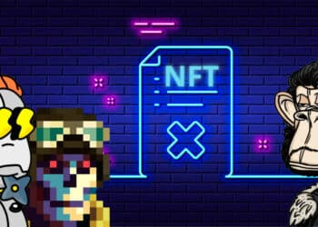 Documento en neon con palabra NFT y algunos token