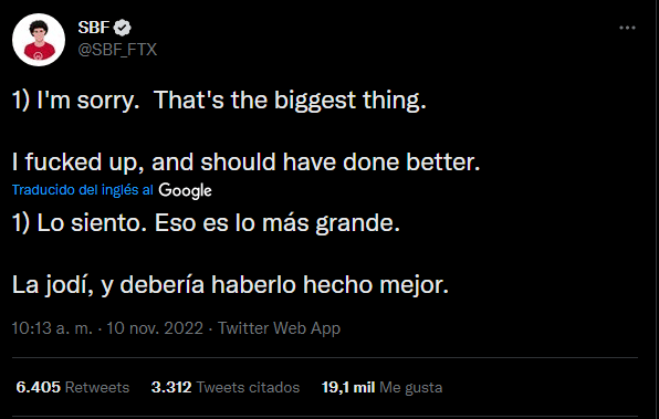 Tuit de CEO de FTX