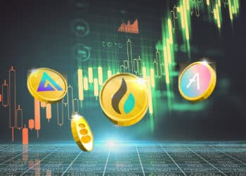 monedas con logos de Huobi, GMX, Aave, balancer, con gráfico de precio alcista en el fondo
