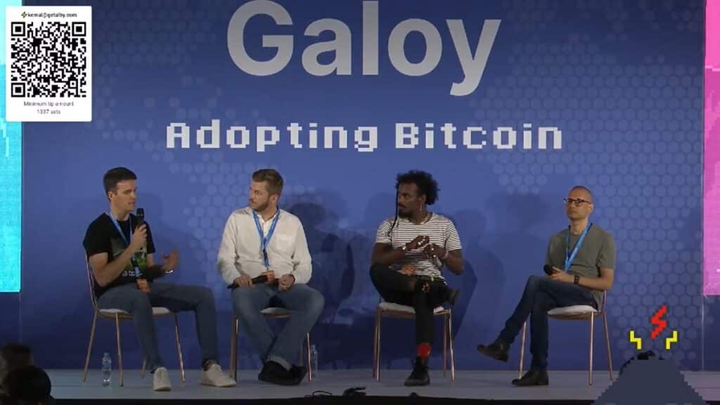 Alexandre Bussutil, Jeff Gallas, Johns Beharry y Roy Sheinfeld durante el panel State of the Lightning Network en la conferencia Adopting Bitcoin en El Salvador.