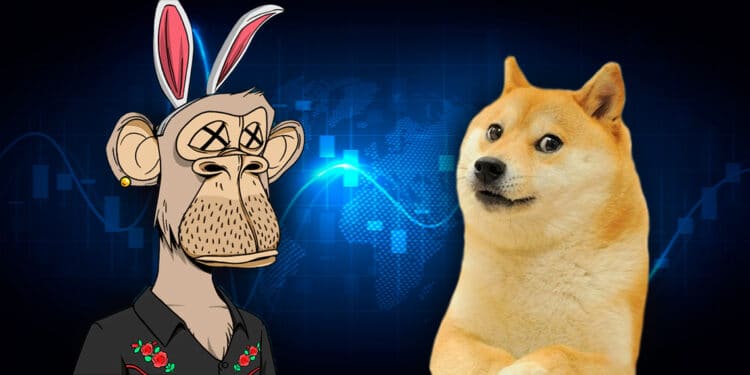 Bored Ape y Dogecoin con gráfica azul de mercado