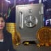mujer con señal de rechazo en frente de boveda con monedas de bitcoin y gráficos de exchange en el fondo