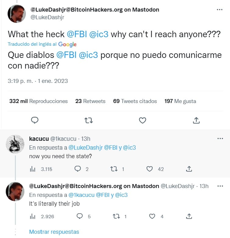 tweet del desarrollador de bitcoin Luke Dashjr solicitando ayuda del FBI