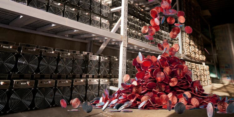 monedas rojas cayendo sobre suelo de instalación de mineros ASIC para criptomonedas