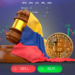 bandera de Colombia junto a bitcoin con un exchange de fondo.