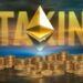 monedas apiladas bajo logo de Ethereum con "satking" en el fondo