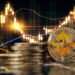 monedas apiladas del token BNB, de Binance, con gráfico de precio en el fondo
