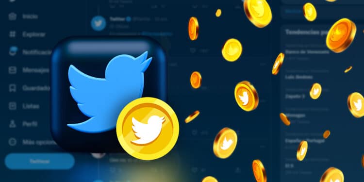 monedas con logo de twitter cayendo junto a bloque con logo de twitter e interfaz en el fondo
