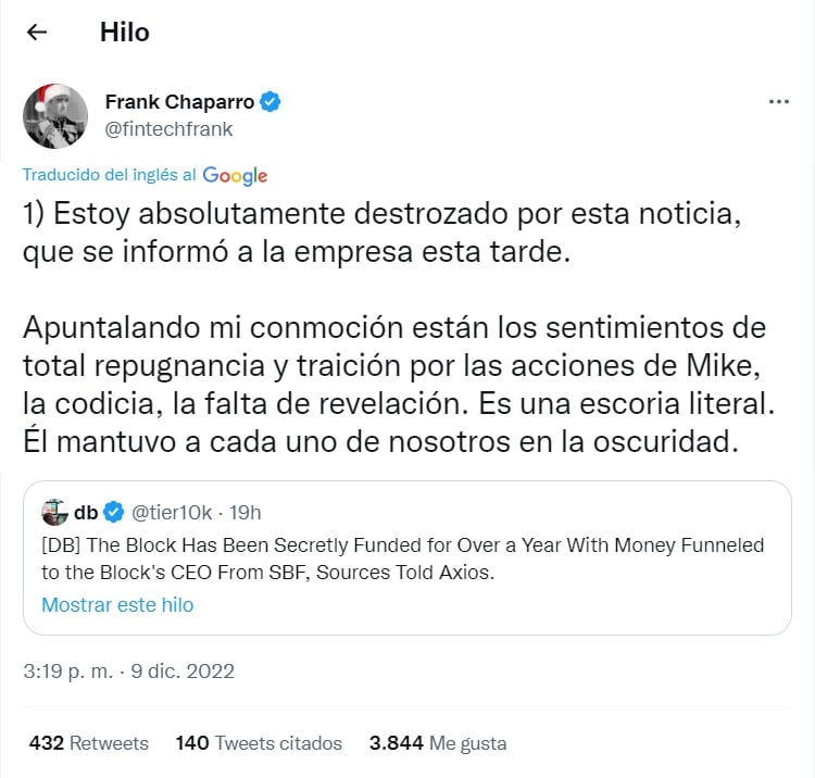 En su tweet sobre el asunto, el director de noticias de The Block, Frank Chaparro, dice: "Estoy absolutamente destrozado por esta noticia, que se informó a la empresa esta tarde. Apuntalando mi conmoción están los sentimientos de total repugnancia y traición por las acciones de Mike, la codicia, la falta de revelación. Es una escoria literal. Él mantuvo a cada uno de nosotros en la oscuridad."