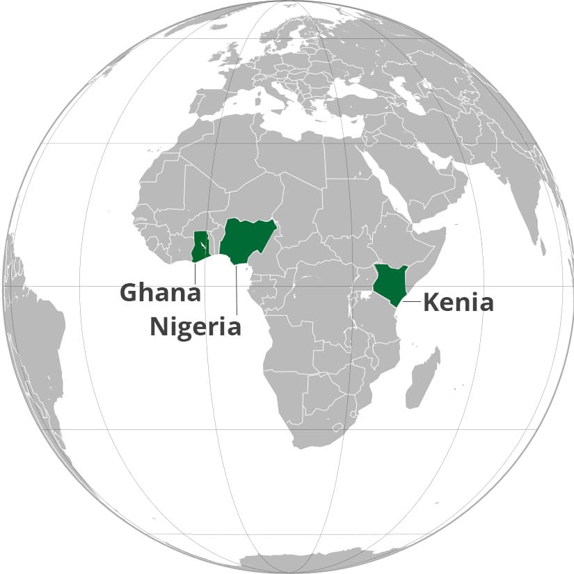 Mapa de áfrica con Ghana Nigeria y Kenia resaltados
