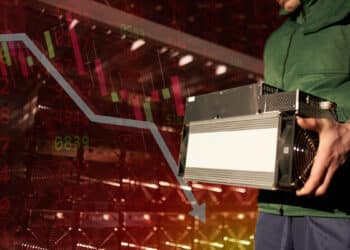 operador de granja de mienría retirando minero asic de los rigs con gráfico bajista superpuesto