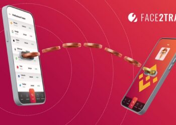 Monedas salen de la pantalla de un teléfono celular a otro y logo de Face2Trade.