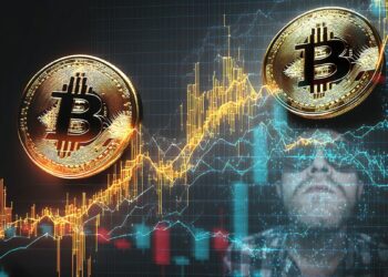 monedas de bitcoin sobre graficos de precio en alza con analista observando los graficos desde el fondo
