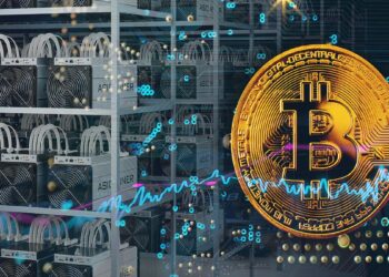 moneda de bitcoin junto a mineros asic proyectados sobre placa de metal con grafico alcista superpuesto