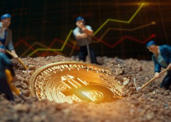 hombres extrayendo con picos y palas moneda de bitcoin de la tierra con grafico en aumento en el fondo