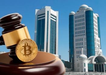 Senado de Kazajistan junto a martillo regulador de bitcoin.