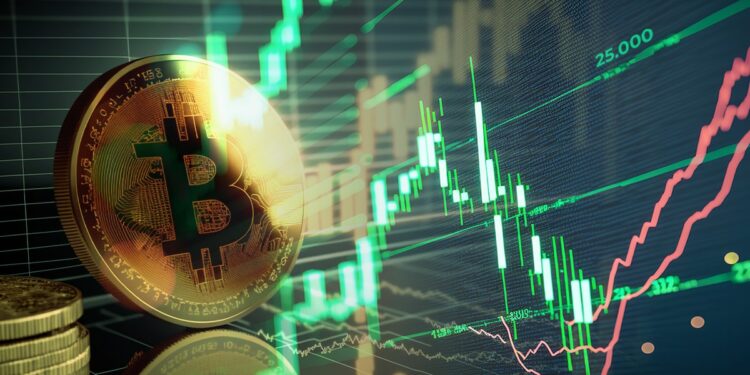 moneda de bitcoin sobre superficie con graficos con grafico de precio en verde proyectado