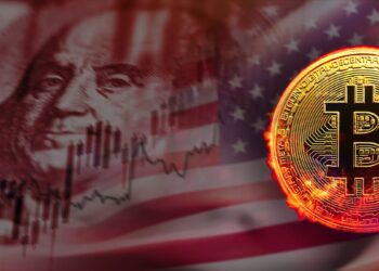 moneda de bitcoin brillante con billete de dolar combinado con bandera de los Estados Unidos con grafico creciente superpuesto