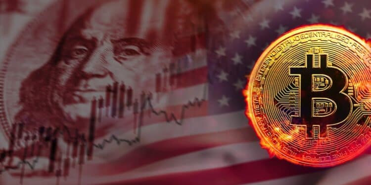 moneda de bitcoin brillante con billete de dolar combinado con bandera de los Estados Unidos con grafico creciente superpuesto
