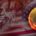 moneda de bitcoin brillante con billete de dolar combinado con bandera de los Estados Unidos con grafico creciente superpuesto