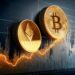 monedas dde bitcoin y ethereum sobre grafico alcista de precio en pantalla