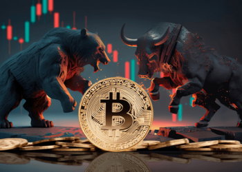 Bitcoin con gráfico de mercados junto a un oso y toro peleando.