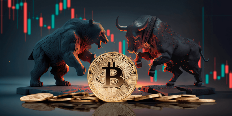 Bitcoin con gráfico de mercados junto a un oso y toro peleando.