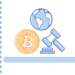 ilustración de moneda de bitcoin unto a martillo de juez con globo terraqueo en el fondo