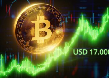 moneda de bitcoin sobre gráfico de precio creciente junto a USD 17.000 con gráfico de mercado en el fondo