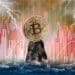 Bitcoin sobre un risco en el mar y graficos rojos