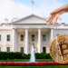 Casa blanca junto a mano controlando un bitcoin.