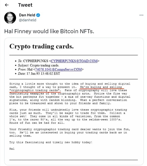 Dan Held comparte imagen de un correo de Hall Finney como prueba de que al desarrollador de bitcoin le hubiesen gustado los NFT en la red de bitcoin