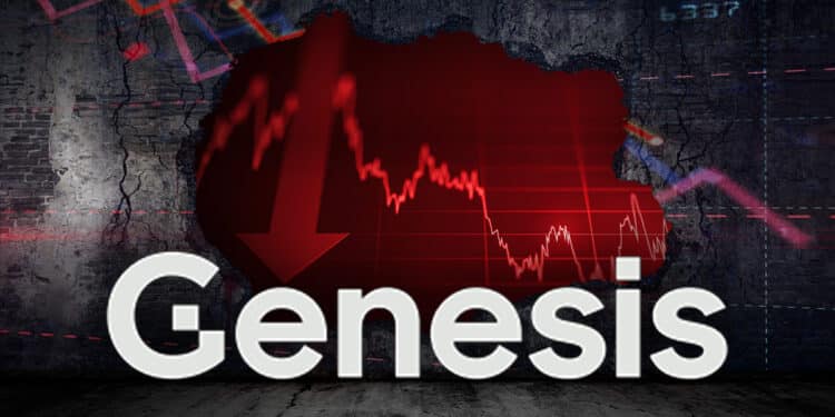 logo de Genesis en habitación destruida con graficos de precio bajistas en el fondo