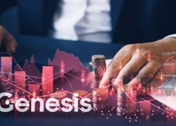 hombre de negocios tomando monedas apiladas sobre mesa con gráfico en rojo y logo de Genesis proyectados sobre ellas