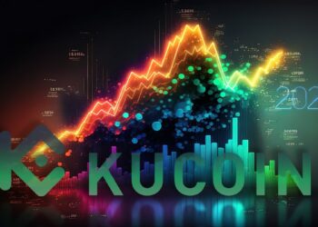 logo de Kucoin en frente de gráfios de mercado artísticos