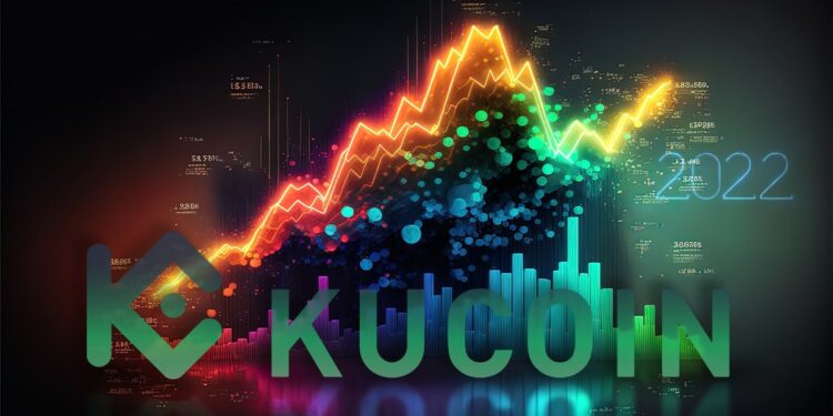 logo de Kucoin en frente de gráfios de mercado artísticos