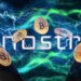 monedas de bitcoin intercambiandose entre telefonos moviles con relampagos superpuestos y red digital con logo de Nostr en el fondo