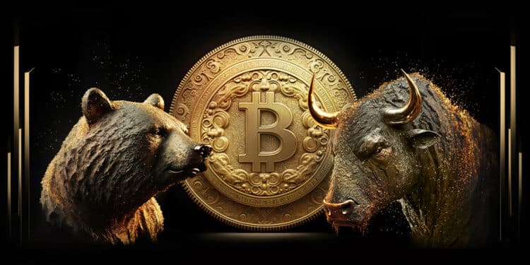 Precio fluctuante de bitcoin, oso y toro a los costados