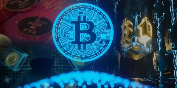 moneda digital de bitcoin con caida de FTX y hackeo del desarrollador Luke Dashjr y cadenas de bloques de bitcoin en el fondo