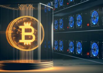 moneda de bitcoin en caja de cristal con mineros asic en el fondo