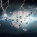 red de nodos conectados con relampagos y mano sosteniendo relampago en el fondo