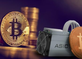 miniatura de minero asic con moneda de bitcoin y monedas de bitcoin apiladas en el fondo