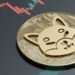 Moneda de Shiba inu sobre superficie con gráfico de precio en alza