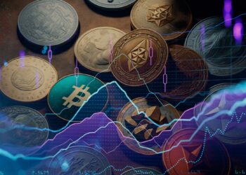 criptomonedas sobre mesa con gráico digital de precio alcista superpuesto
