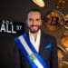 Nayib Bukele con BTC flotantes y poste con nomeclatura de Wall St