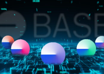 esferas de protocolos insertados en red digital con logo de Base en el fondo