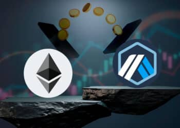 Arbitrum y ethereum junto a celulares haciendo una transacción de criptomonedas.